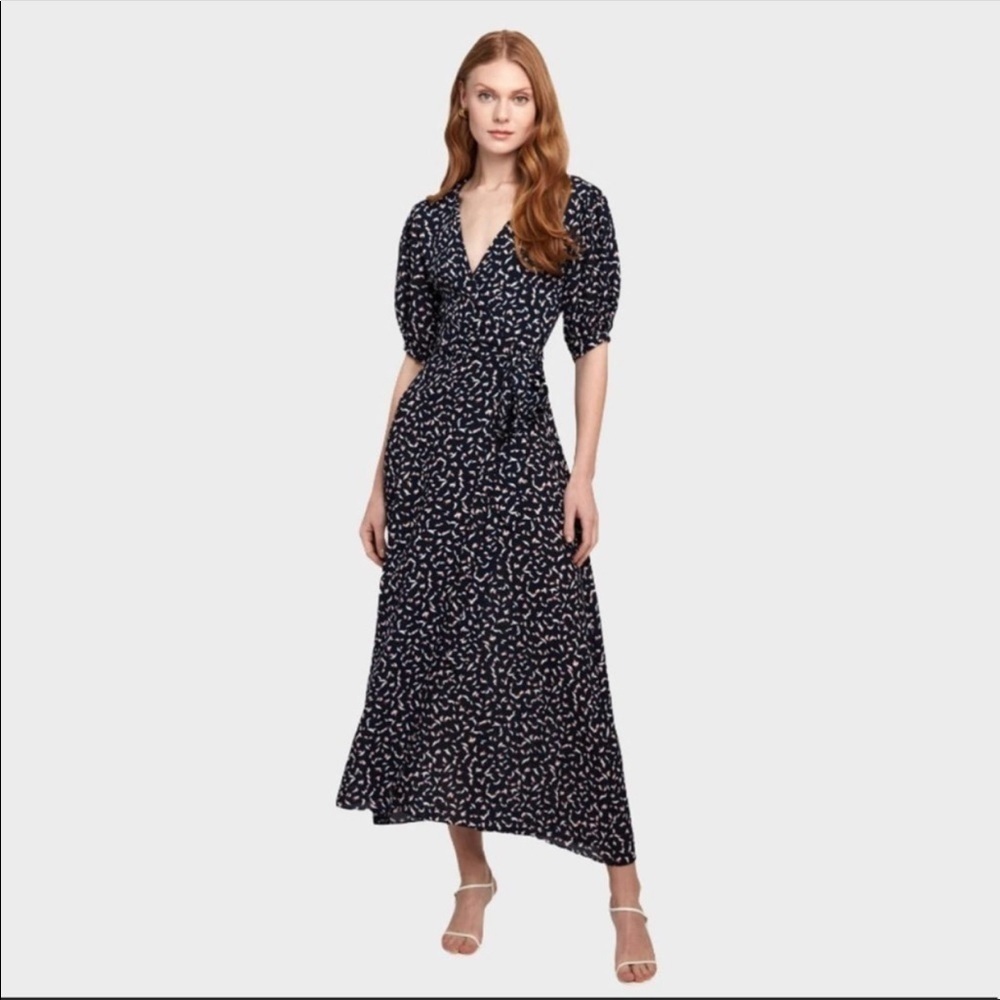 MISA Los Angeles | Andrea Wrap Dress Resort Petals Puff Sleeve NEW Size M